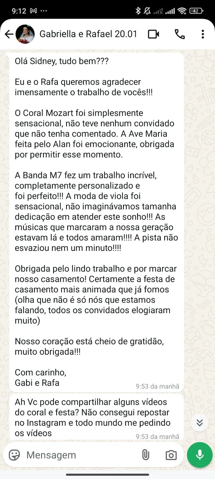 Depoimento de Gabriella e Rafael sobre a Banda M7 em casamento em São Paulo